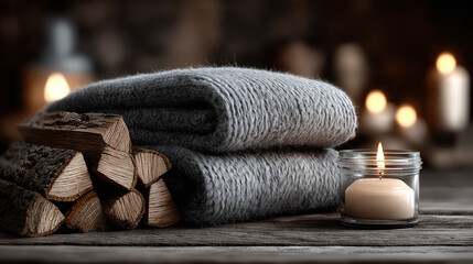 A soft, folded wool blanket sits next to a stack of firewood and a lit candle on a rustic wooden surface. The scene exudes warmth and evokes a relaxing evening atmosphere