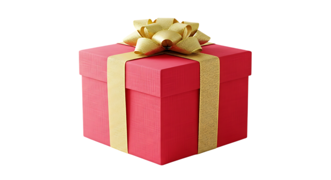 A red gift box with a gold ribbon and bow on a black background shot background transparent