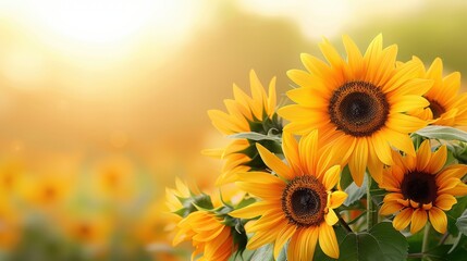 Obraz premium Bright sunflowers basking in golden sunlight, creating a cheerful and vibrant scene.