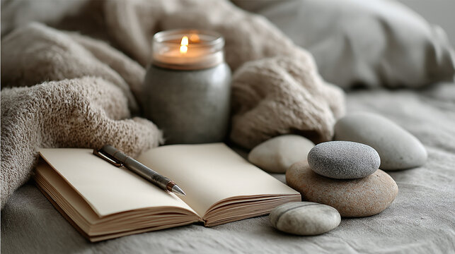 An open journal with blank pages lies on a blanket next to a lit candle and smooth rocks. A pen rests on the page, inviting contemplation and creativity in the soft light