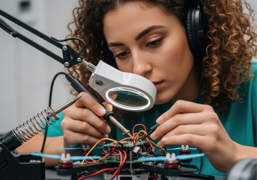 Woman soldering drone components with magnifying glass and headphones