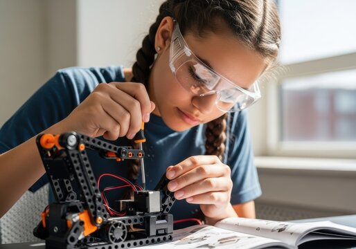 Young girl assembling a robotic arm with a screwdriver and safety glasses