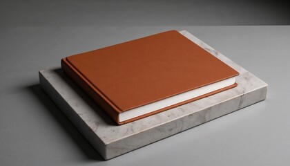 Modern brown notebook placed on marble pedestal with grey background  