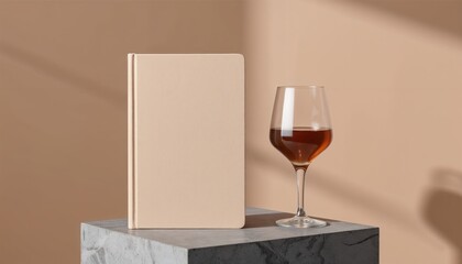 Closed notebook and glass of wine on gray marble table  