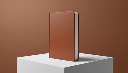 Minimalist brown notebook standing on white pedestal against brown background  