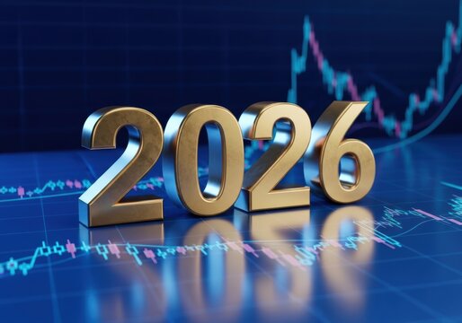 2026 in gold letters on a background of financial charts and graphs
