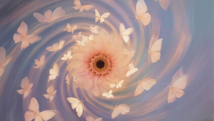 Swirling butterflies emerge from a flower in a dreamy, pastel spiral