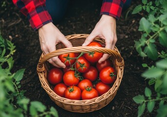 Freshly picked tomatoes in a wicker basket, ready for harvest