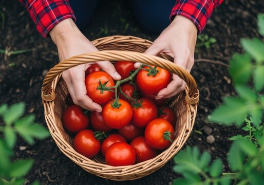 Freshly harvested tomatoes in a woven basket, ready for market or cooking