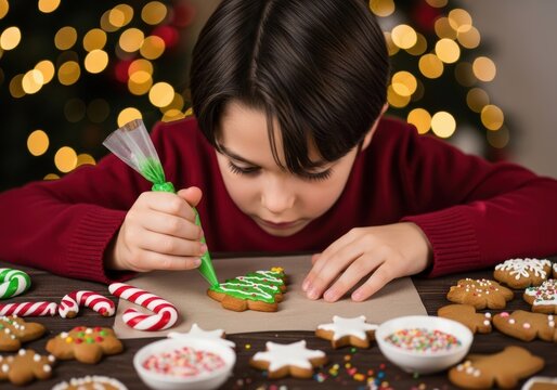 Young boy decorates Christmas cookies with icing and sprinkles - Powered by Adobe