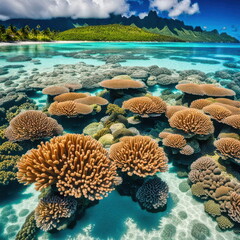 Tropical Coral Reef with Island Backdrop and Crystal-Clear Waters