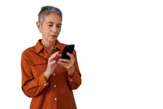 Senior woman using smartphone, browsing social media, texting, or reading email on transparent background