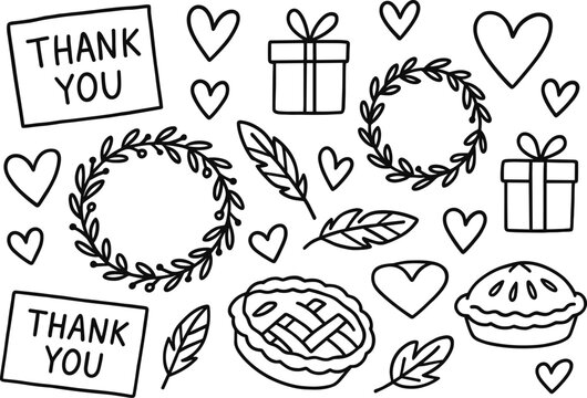 Thanksgiving celebration linear icon set. featuring thank you card, gift, wreath, leaf, pie, and heart symbols