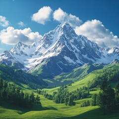 Obraz premium Majestic snow-capped mountains rise above lush green valleys under a bright blue sky.