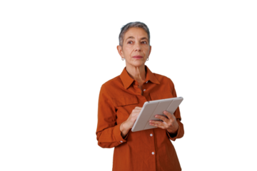 Senior business woman using tablet for digital communication, thinking and planning strategy on transparent background