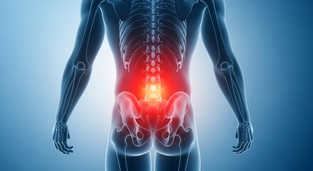 Human Anatomy with Painful Lower Back, Lumbar Spine Highlighted in Glowing Red, Medical Illustration of Spinal Injury Concept