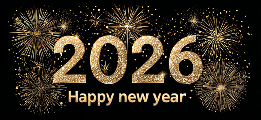 Gold glitter sparkles over a black background to celebrate 2026's New Year. Excellent for banners, websites, social media, posters, cards, and greeting cards.