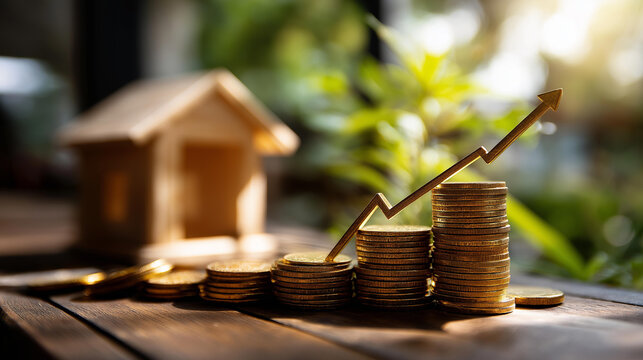 Stacking golden coins with growing interest value in timber dwelling model defocused park background loan business investment property concept bar arrow graph display real
