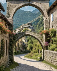 Cobblestone Road Through Arched Stone Homes in a Greek Mountain Village