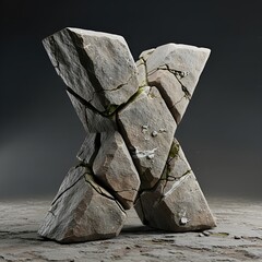 Realistic Stone Letter X Cracks and Moss Growing on its Surface Alphabet
