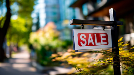 For sale property sign display defocused residential background real estate marketing dwelling listing visualization home selling advertisement scene with copy space