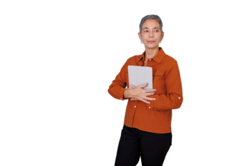 Mature business woman holding tablet, looking confident, managing professional tasks, standing on transparent background