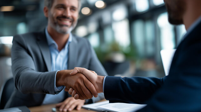 Property company delivering access devices and dwellings to customers after agreement faceless professionals and clients defocused office background purchase contract signing