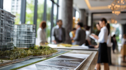 Complex scale model on surface with property developers architects team working faceless professionals defocused office background new business structures project residential