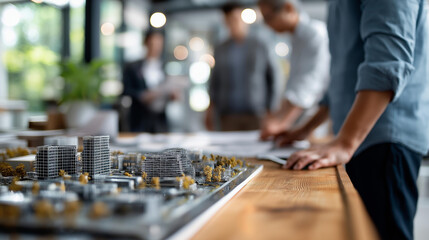 Complex scale model on surface with property developers architects team working faceless professionals defocused office background new business structures project residential