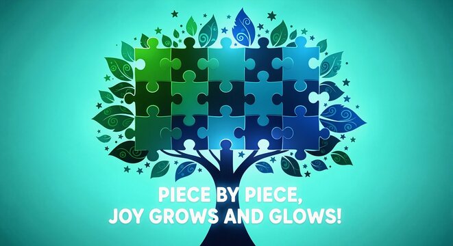 Tree made of puzzle pieces representing growth, connection, and teamwork. Inspirational illustration for mental health and autism awareness - Powered by Adobe