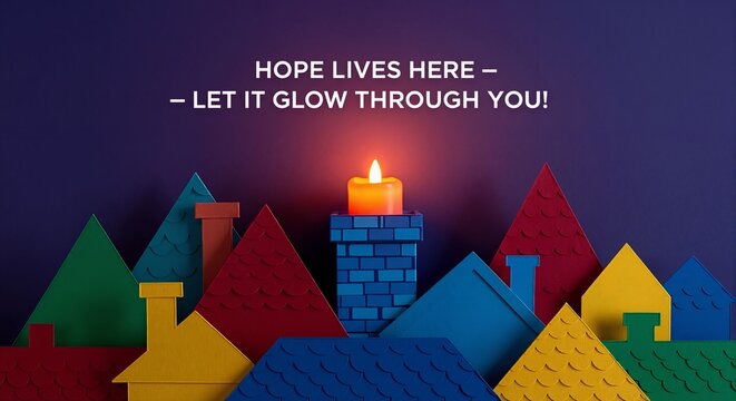 Inspirational message of hope with glowing candle over colorful village. Community and togetherness concept for holidays. Christmas greeting background - Powered by Adobe
