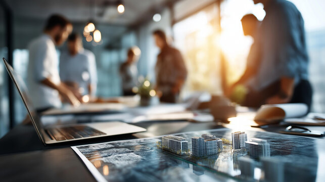 Complex scale model on surface with property developers architects team working faceless professionals defocused office background new business structures project residential