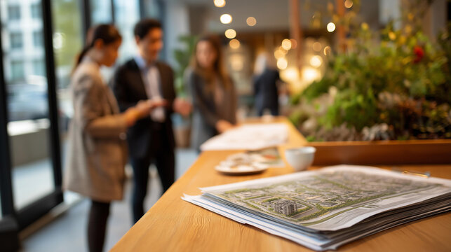 Complex scale model on surface with property developers architects team working faceless professionals defocused office background new business structures project residential