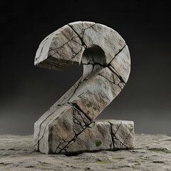 Rough Stone Detailed Number Two Character with Cracks and Moss