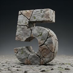 Realistic Detailed Stone Broken Number Five Typography Character Decoration