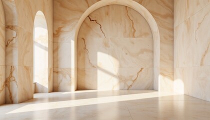 Contemporary interior with light marble walls and sunlit arches.