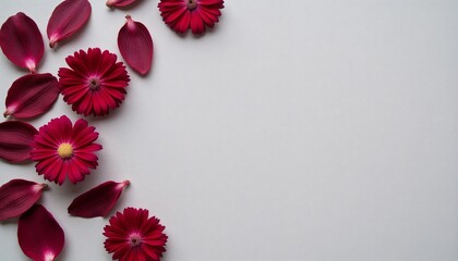Red flowers and petals located in the left third of a light background with copy space