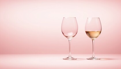 Two wine glasses on pink background with one filled and one empty  