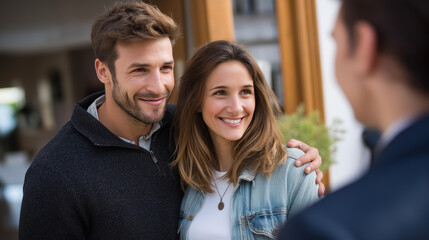 Fototapeta premium Property agent near entrance inviting young couple to enter dwelling for visit faceless realtor and pair defocused doorway background residence showing scene home viewing