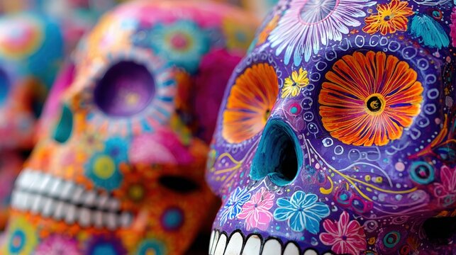 Decorative brightly colored sculpted skulls display intricate floral patterns for commemoration