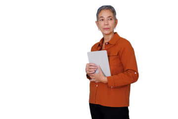 Mature businesswoman holding tablet, thinking about digital transformation and future technology, isolated transparent background