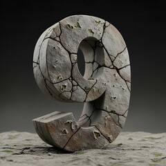 Rough Stone Textured Number Nine with Cracks and Moss Detail on Surface
