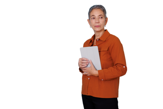 Mature businesswoman holding tablet, thinking about digital transformation and future technology, isolated transparent background