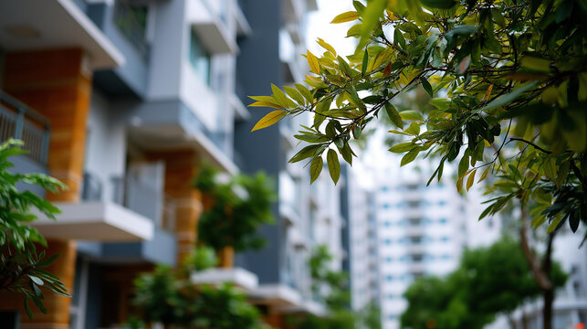 Contemporary apartment structures in verdant residential area in city defocused urban background modern dwelling complex green neighborhood development eco friendly housing