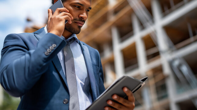Attractive property agent in formal attire standing in structure construction process faceless realtor defocused building background using tablet appointment customers