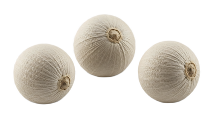 A studio shot displaying three round white gourds against a stark black background with detailed texture