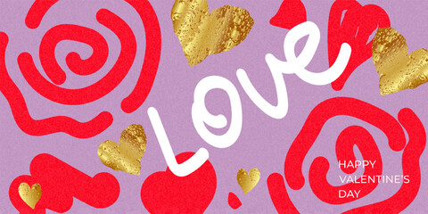 Happy Valentine's Day. Bold Valentine's Day artwork featuring white LOVE text, red abstract roses and hearts, and shiny gold heart textures on a purple background. For social networks, print, cover,