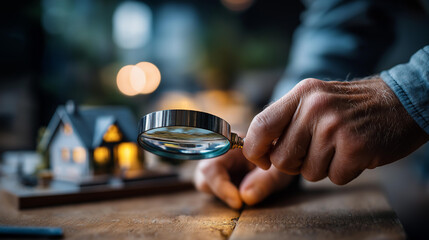 Hand grasping magnifying lens examining dwelling model defocused background house selection visualization property concept display residential choice scene home inspection