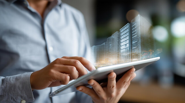 Individual using digital tablet with contemporary structures hologram faceless person defocused technology background property business building technology concept real estate