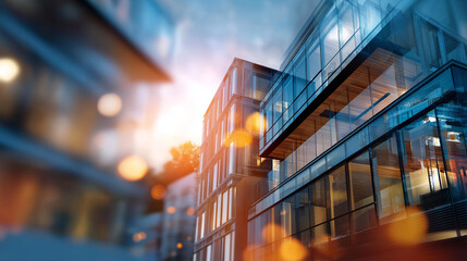 Double exposure contemporary office structure defocused architectural overlay background modern building visualization commercial property display urban development imagery